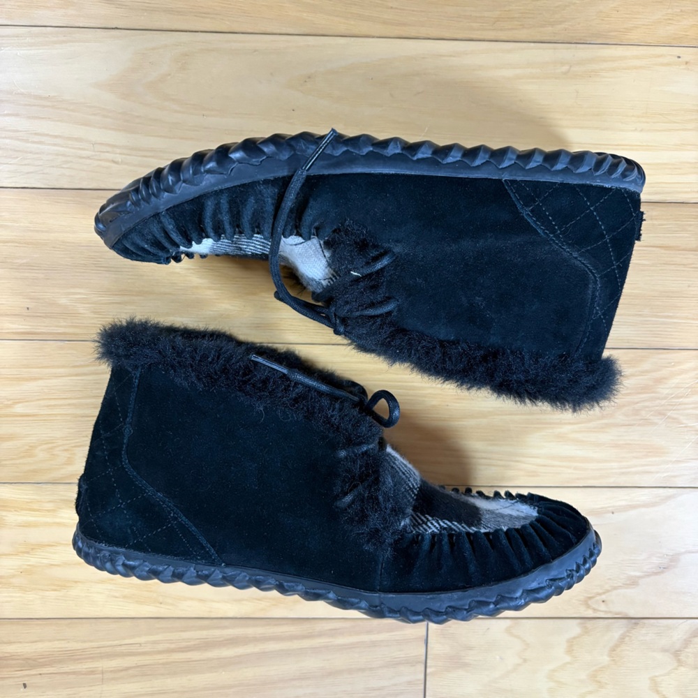 Sorel Out N About Moccasin Boots Womens Sz 8.5 Black Plaid Slippers - Picture 2 of 9